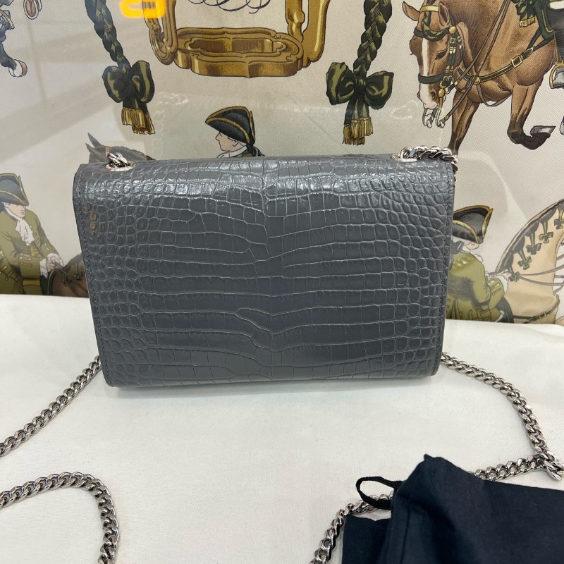 聖羅蘭 YSL KATE 灰色鱷魚壓紋流蘇包 鏈條包 肩背包-1