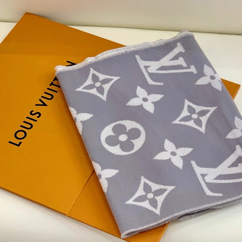 LV路易威登灰白拼色老花雙面羊毛圍巾-0