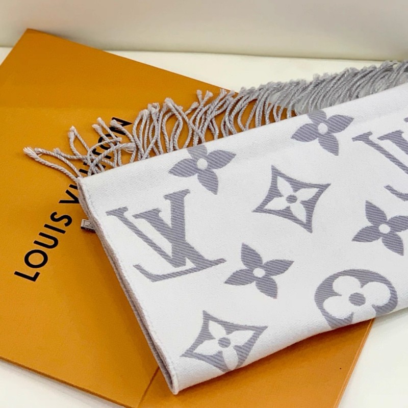 LV路易威登灰白拼色老花雙面羊毛圍巾-1