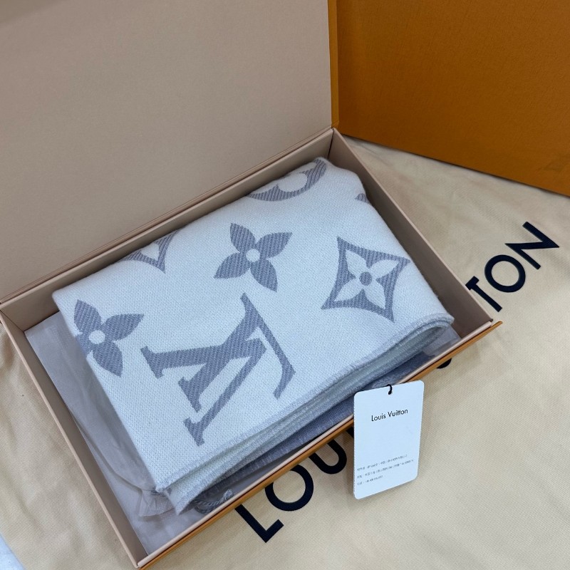 LV路易威登灰白拼色老花雙面羊毛圍巾-2