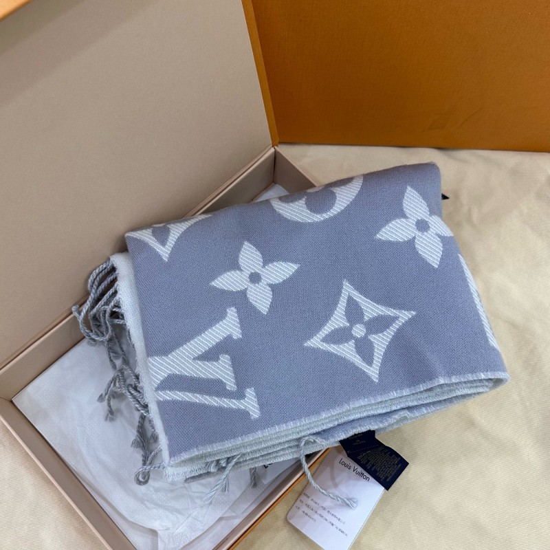 LV路易威登灰白拼色老花雙面羊毛圍巾-3