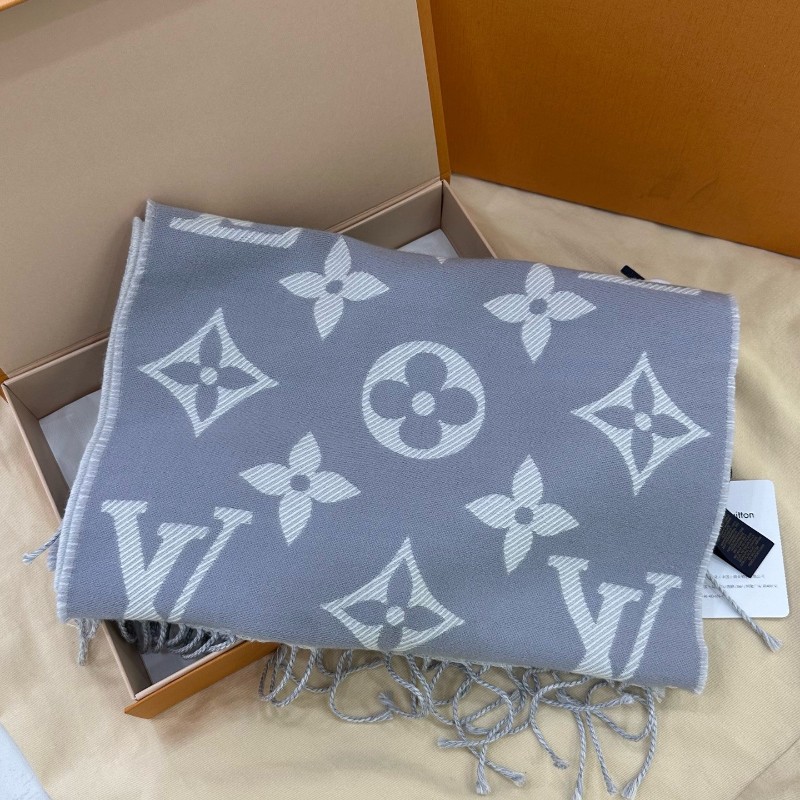 LV路易威登灰白拼色老花雙面羊毛圍巾-4