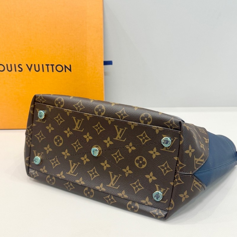 LV路易威登 高工價款老花駝鳥皮拼蜥蜴手柄 金色鎖扣秋千包手提包-5