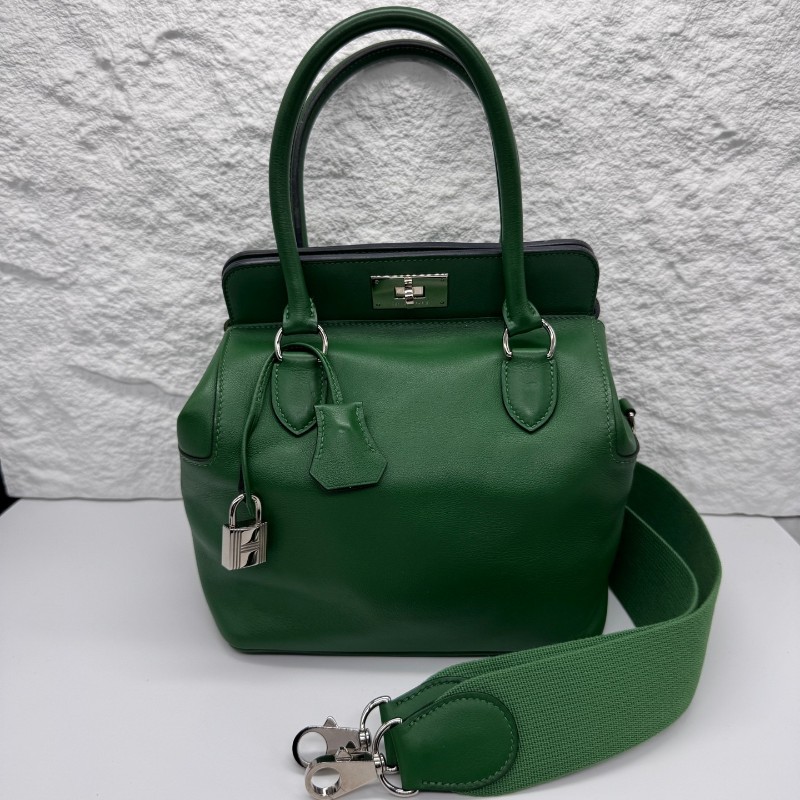 愛馬仕/Hermes 綠色 銀扣 小號牛奶盒子toolbox 框N刻-0