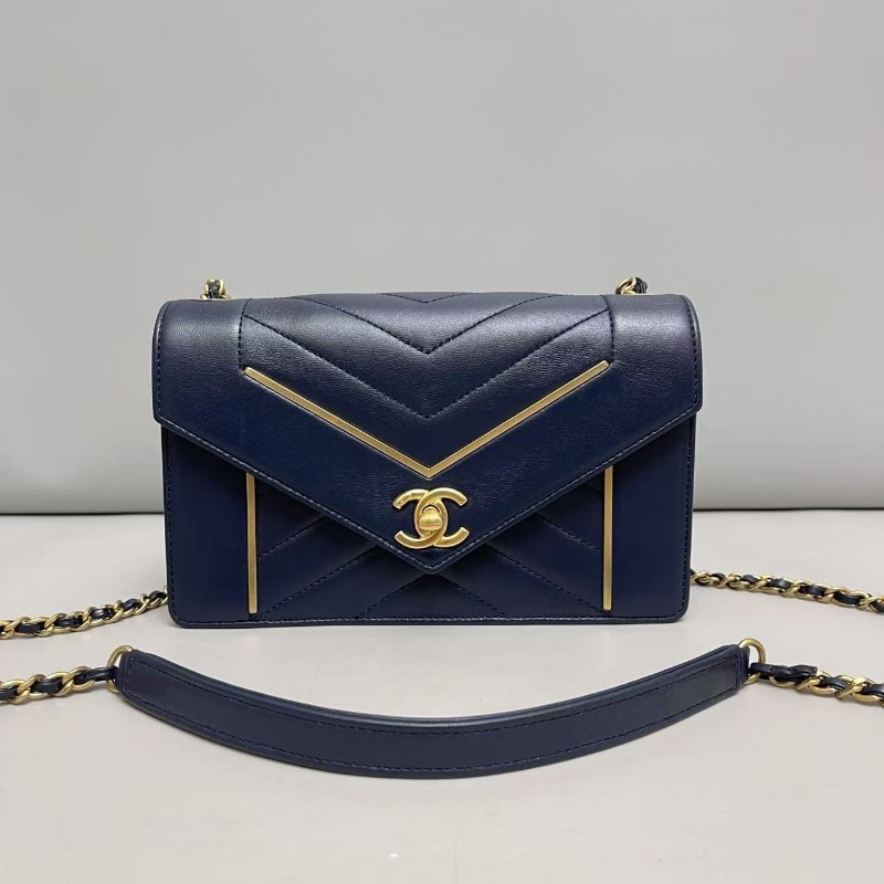 Chanel香奈兒 深藍金拼色全皮信封鏈條包肩背 斜背包-0