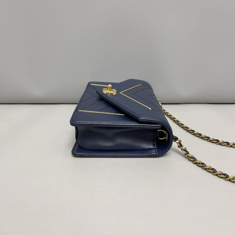 Chanel香奈兒 深藍金拼色全皮信封鏈條包肩背 斜背包-3