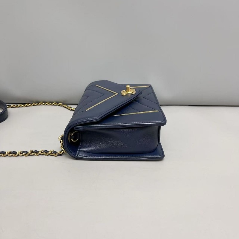Chanel香奈兒 深藍金拼色全皮信封鏈條包肩背 斜背包-4