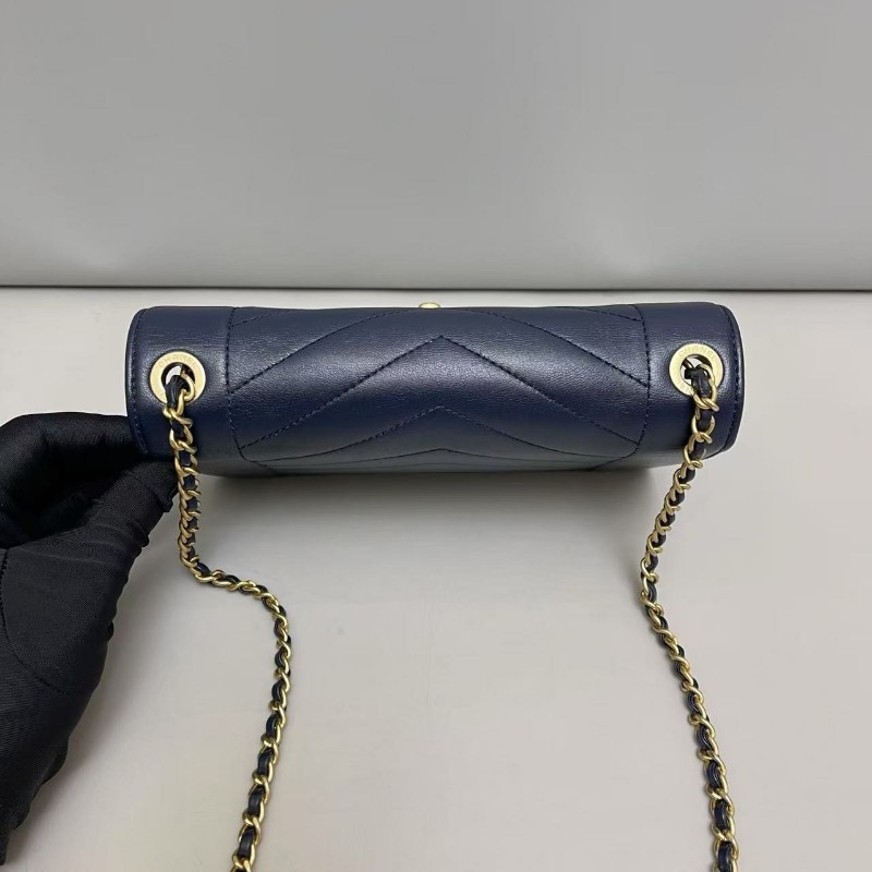 Chanel香奈兒 深藍金拼色全皮信封鏈條包肩背 斜背包-6