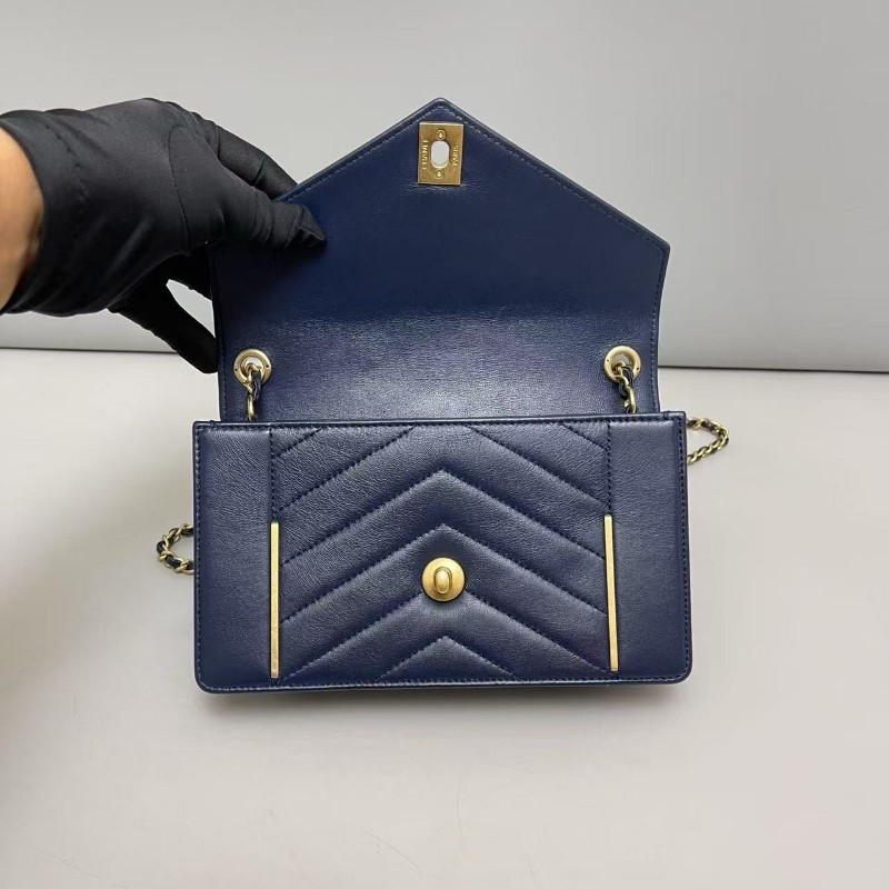 Chanel香奈兒 深藍金拼色全皮信封鏈條包肩背 斜背包-7