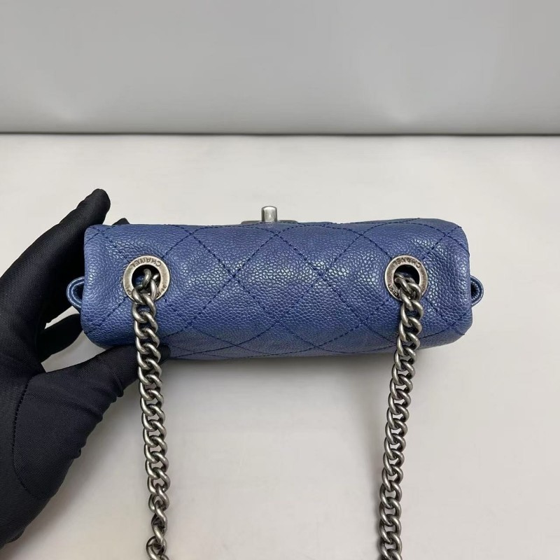 Chanel香奈兒 深藍色銀扣cf大mini荔枝皮鏈條包-6