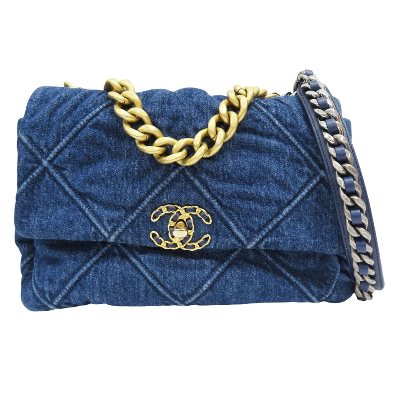 深藍色 單寧布 19 30CM 鍊帶 肩背包 金扣【CHANEL 香奈兒】-0