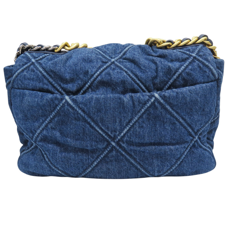 深藍色 單寧布 19 30CM 鍊帶 肩背包 金扣【CHANEL 香奈兒】-1