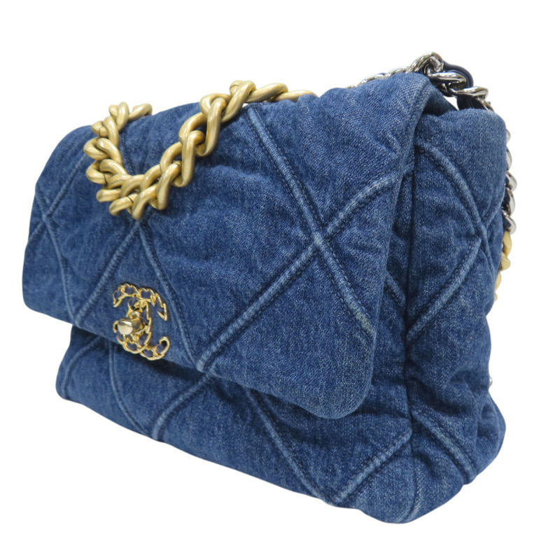 深藍色 單寧布 19 30CM 鍊帶 肩背包 金扣【CHANEL 香奈兒】-2