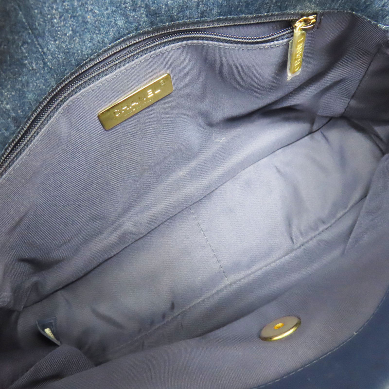 深藍色 單寧布 19 30CM 鍊帶 肩背包 金扣【CHANEL 香奈兒】-4