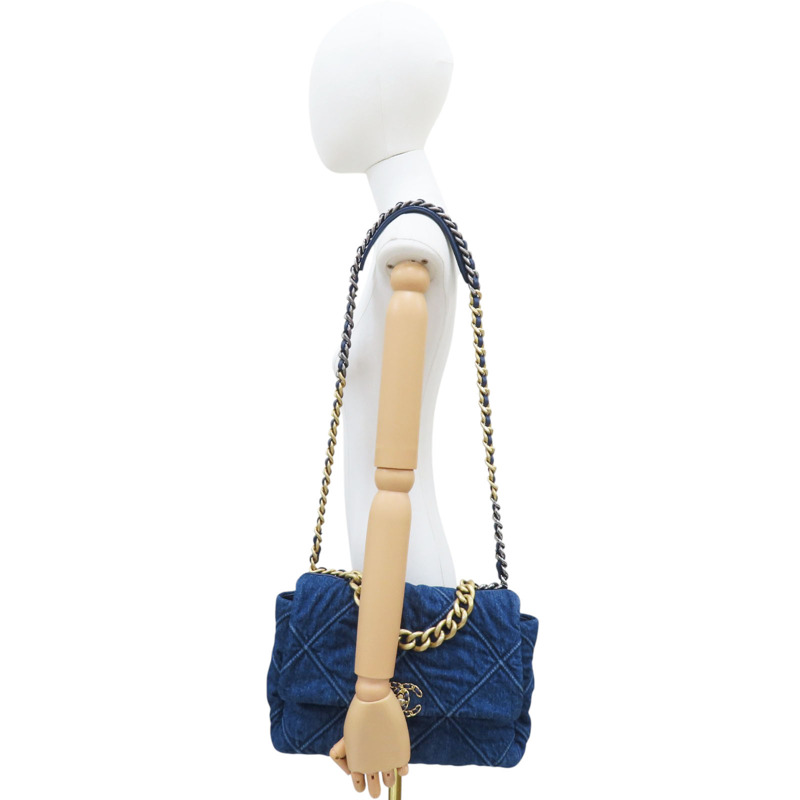 深藍色 單寧布 19 30CM 鍊帶 肩背包 金扣【CHANEL 香奈兒】-9