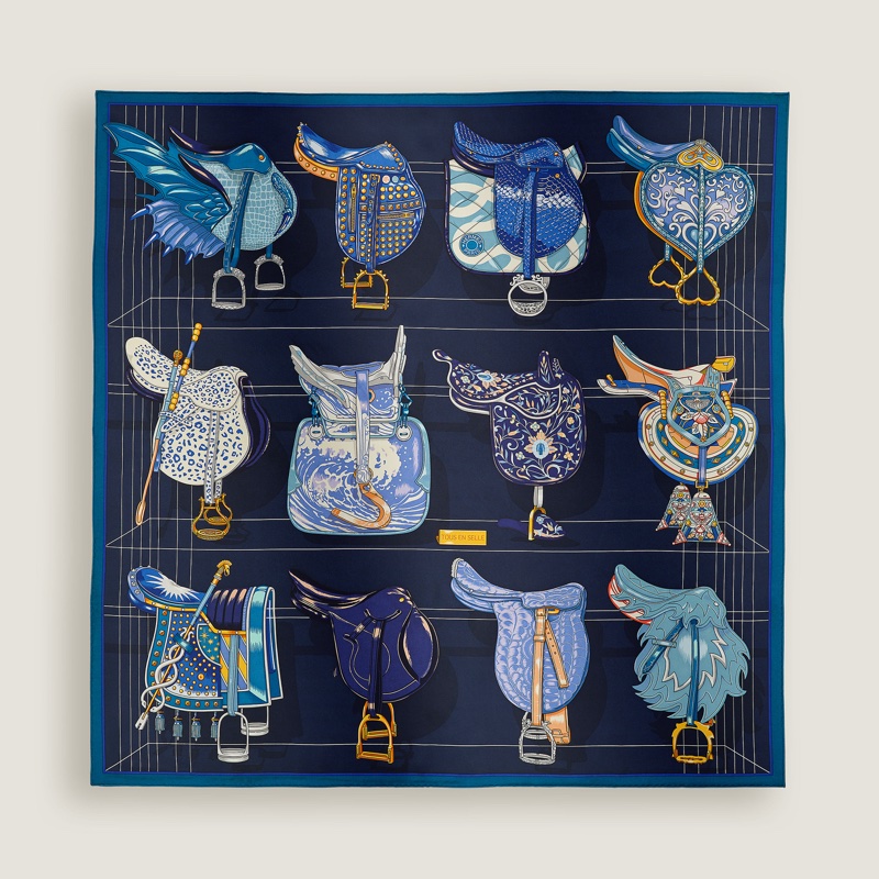 Hermes Tous en Selle 馬鞍絲巾/藍色款/全新美品-0