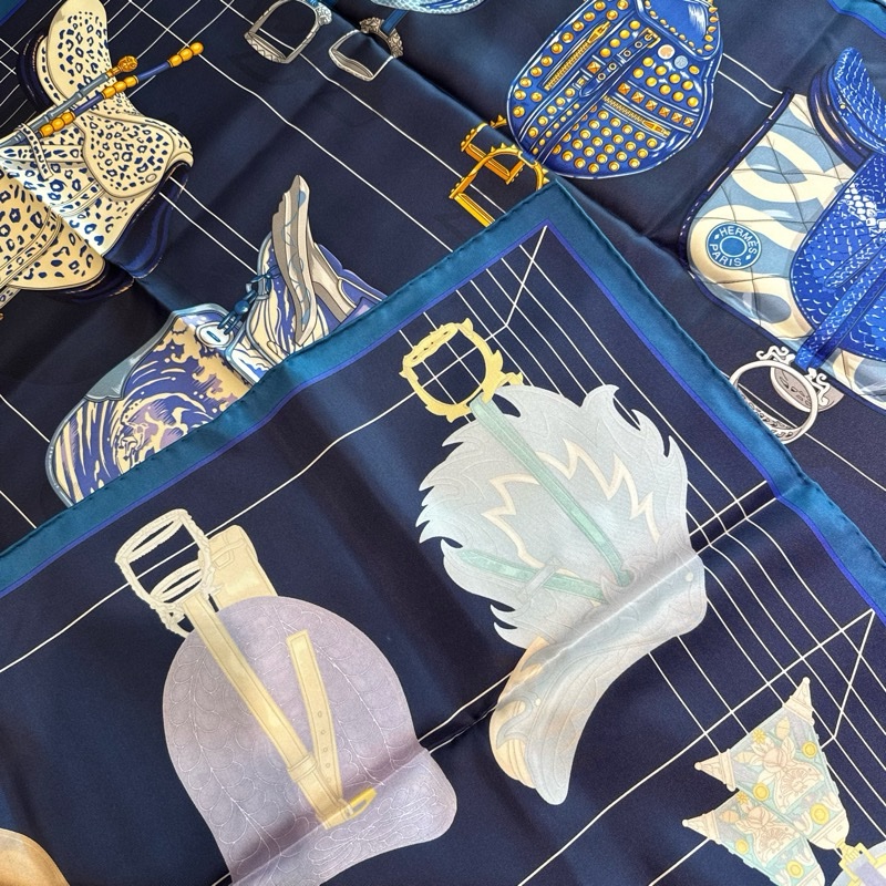 Hermes Tous en Selle 馬鞍絲巾/藍色款/全新美品-1