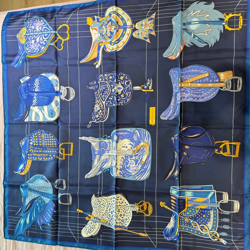 Hermes Tous en Selle 馬鞍絲巾/藍色款/全新美品-2