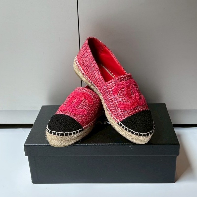 Chanel 黑頭紅色軟呢草編平底鞋/鉛筆鞋-0