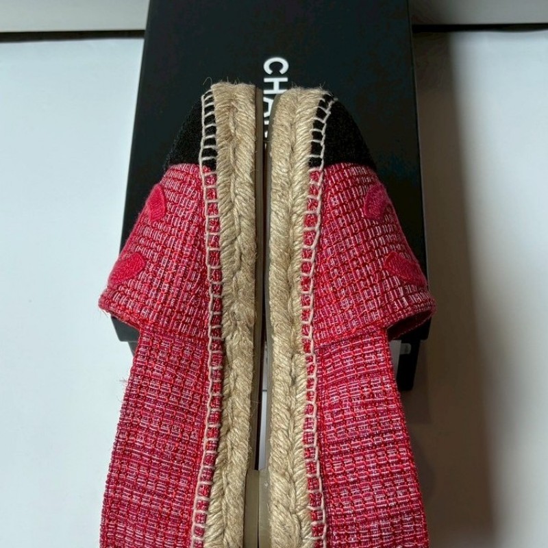 Chanel 黑頭紅色軟呢草編平底鞋/鉛筆鞋-3