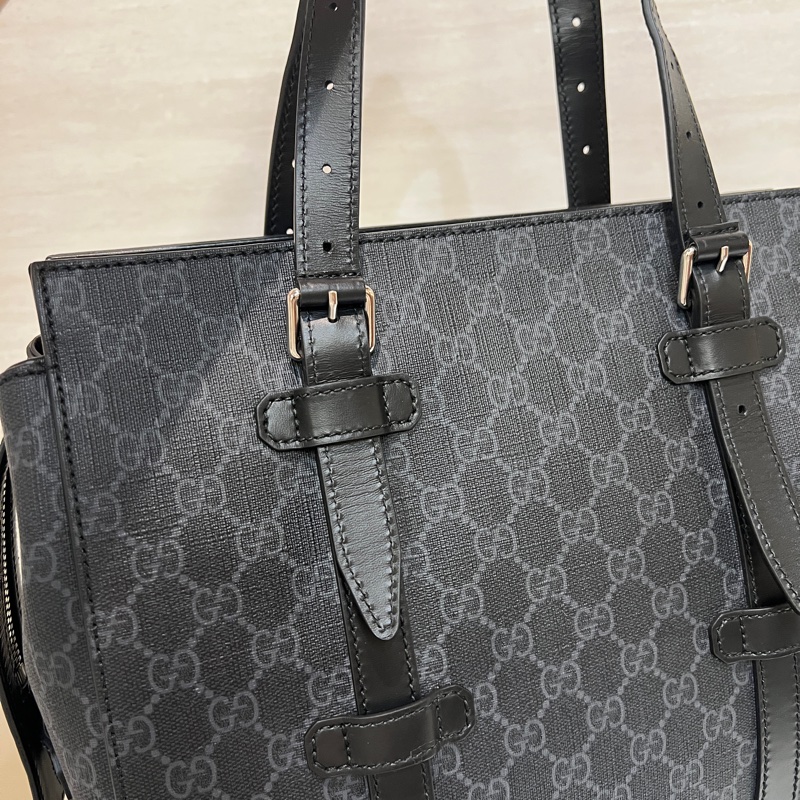 Gucci 黑灰PVC黑牛皮銀釦手提肩背包-1