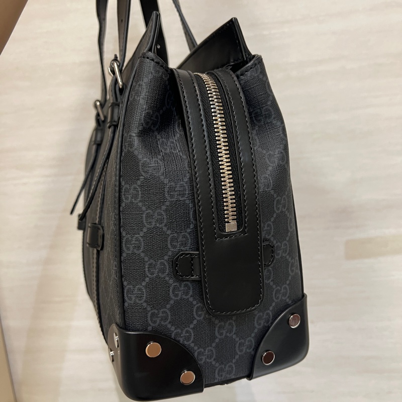 Gucci 黑灰PVC黑牛皮銀釦手提肩背包-2