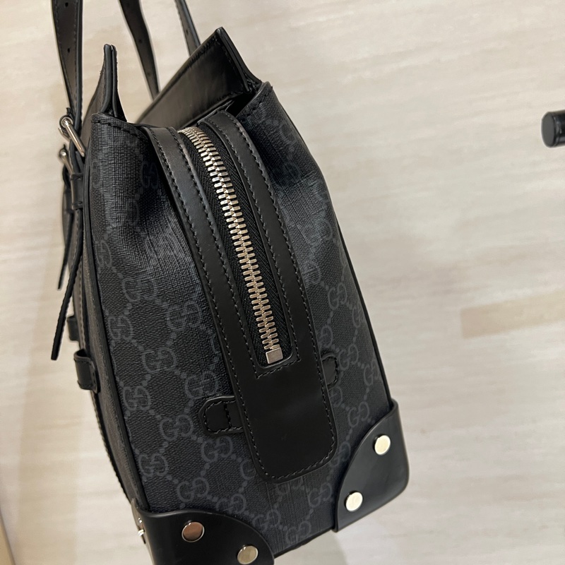 Gucci 黑灰PVC黑牛皮銀釦手提肩背包-3