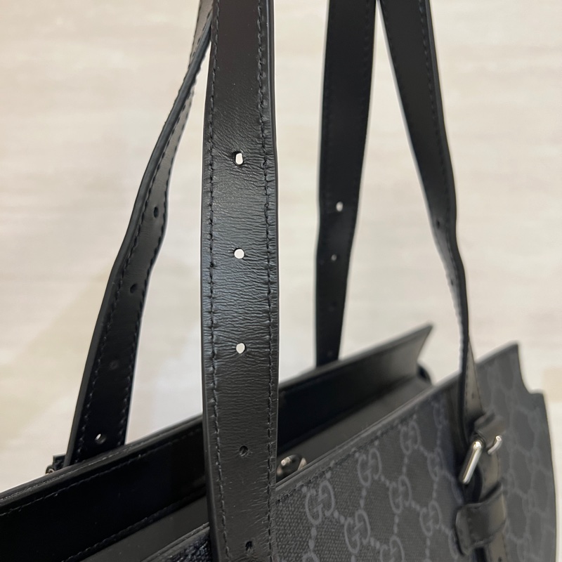 Gucci 黑灰PVC黑牛皮銀釦手提肩背包-5