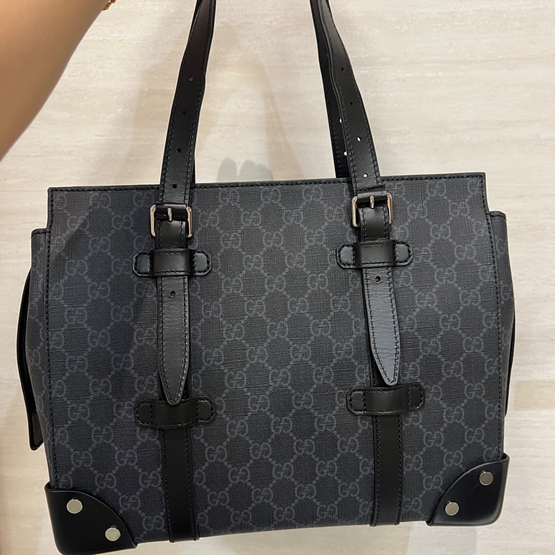 Gucci 黑灰PVC黑牛皮銀釦手提肩背包-6