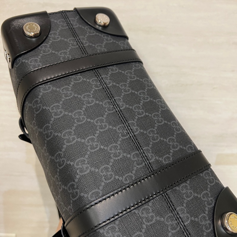 Gucci 黑灰PVC黑牛皮銀釦手提肩背包-7