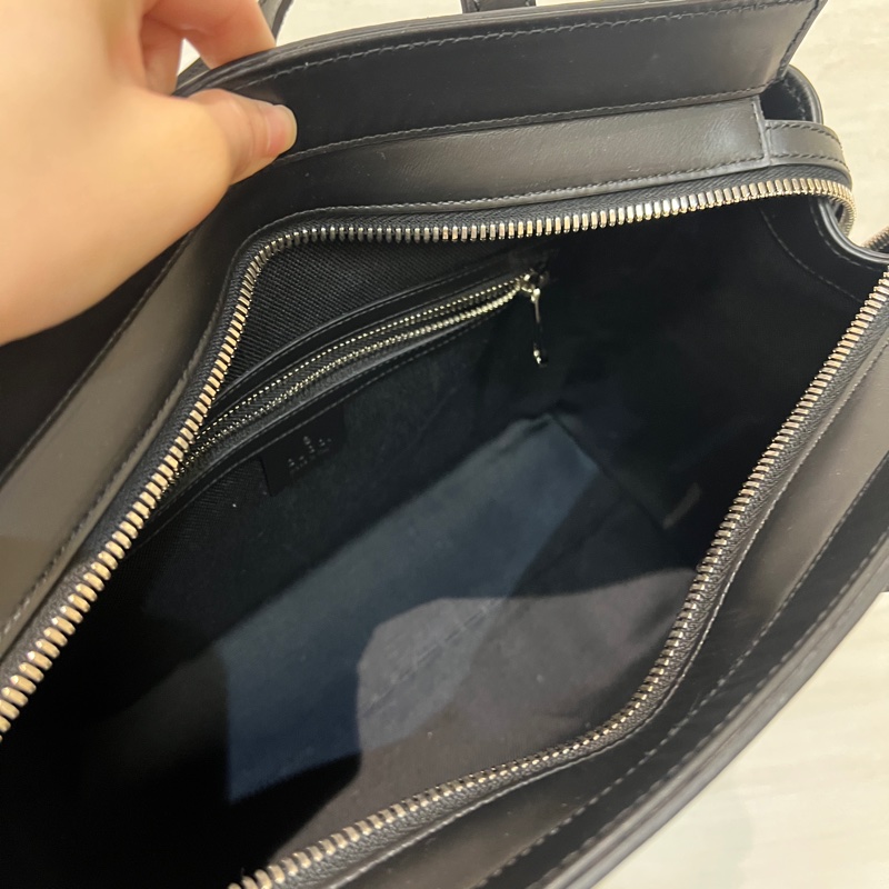 Gucci 黑灰PVC黑牛皮銀釦手提肩背包-11
