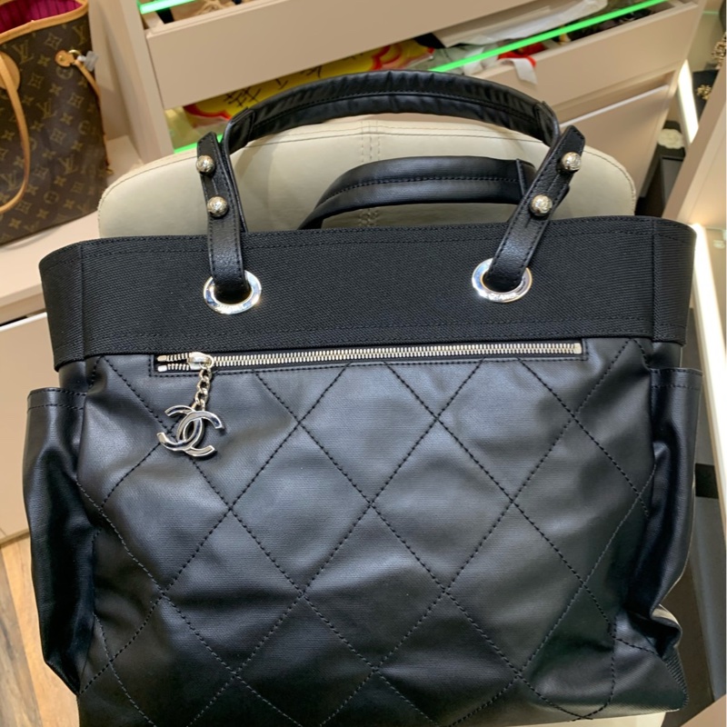 Chanel 香奈兒 黑銀菱格紋托特tote 子母袋 尺寸約35*30,鐳射16開 ,-2
