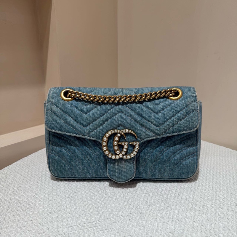 Gucci古馳 馬蒙marmont26 牛仔中號珍珠 鏈條包-0