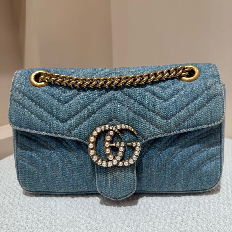 Gucci古馳 馬蒙marmont26 牛仔中號珍珠 鏈條包-1