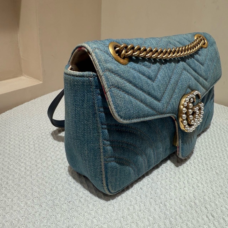 Gucci古馳 馬蒙marmont26 牛仔中號珍珠 鏈條包-2