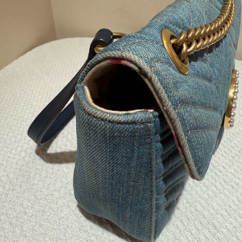 Gucci古馳 馬蒙marmont26 牛仔中號珍珠 鏈條包-3