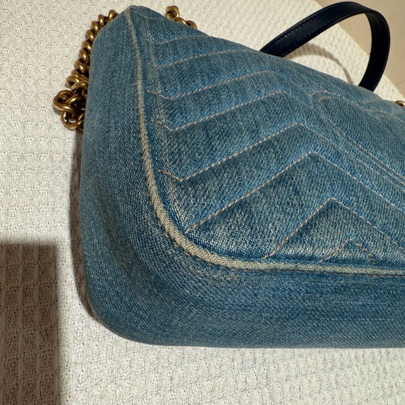 Gucci古馳 馬蒙marmont26 牛仔中號珍珠 鏈條包-7