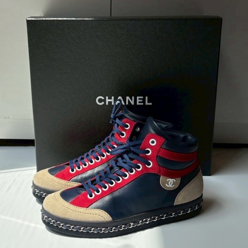 Chanel 藍紅+麂皮革邊休閒鞋-0
