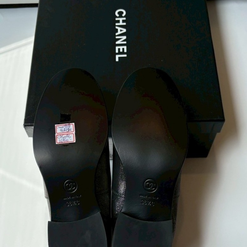 Chanel 黑頭銀灰皮革短靴-4