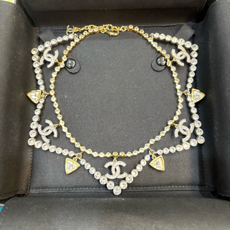 Chanel 華麗重工款 金銀雙色水鑽領片項鍊 法國製-0