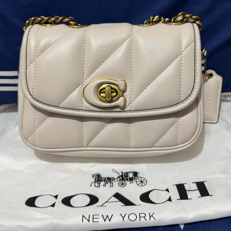 COACH羊皮菱格單肩斜背包(小號,白色)-5