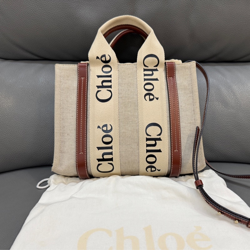【附保卡】CHLOE Woody 小款 米白色 帆布 焦糖皮革 背袋 斜背包-5