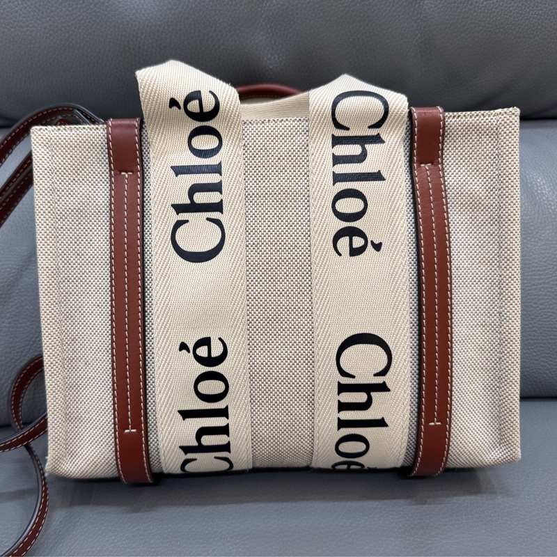 【附保卡】CHLOE Woody 小款 米白色 帆布 焦糖皮革 背袋 斜背包-6