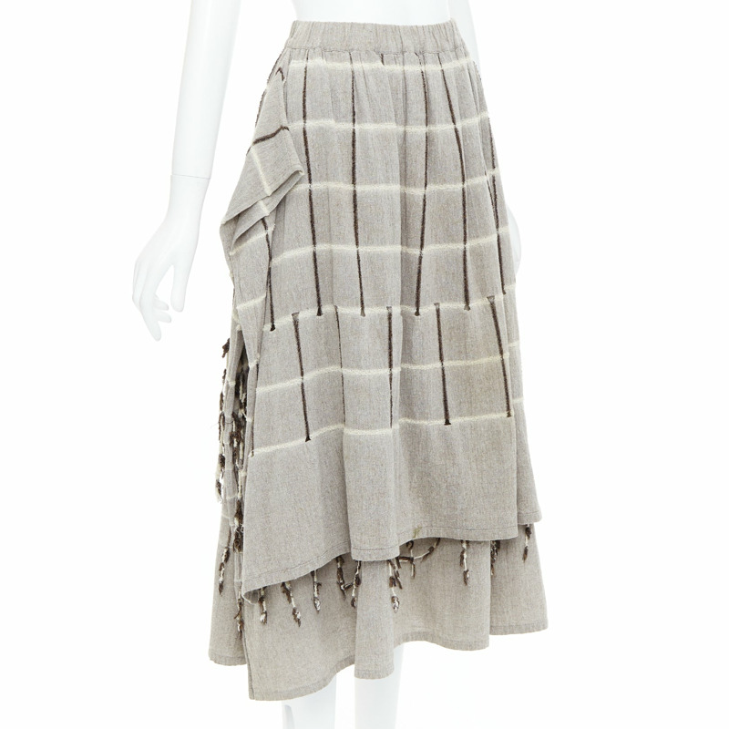ISSEY MIYAKE 1980's Vintage grey checked fringe trim layered skirt M Rare-0