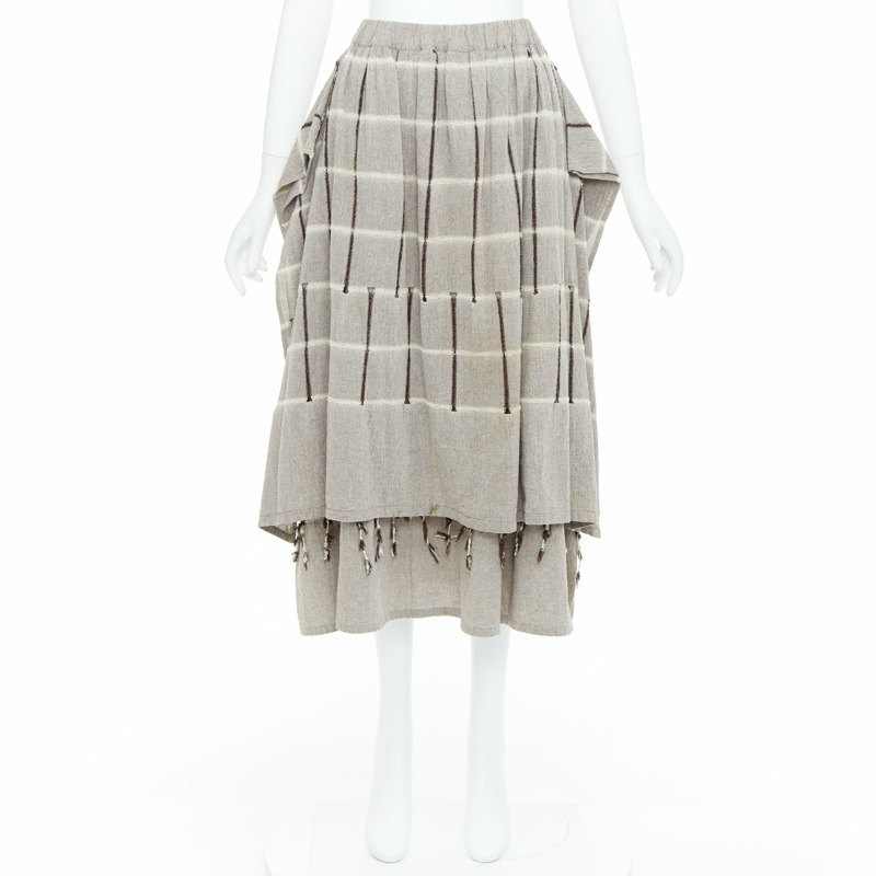 ISSEY MIYAKE 1980's Vintage grey checked fringe trim layered skirt M Rare-8