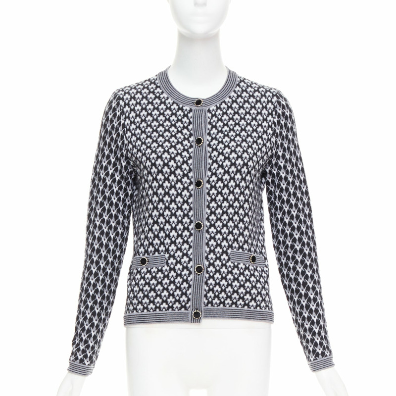 CHANEL black white cashmere velvet buttons crew cardigan FR38 M-0