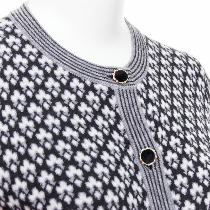 CHANEL black white cashmere velvet buttons crew cardigan FR38 M-1