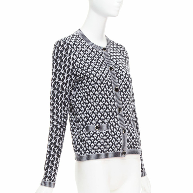 CHANEL black white cashmere velvet buttons crew cardigan FR38 M-3