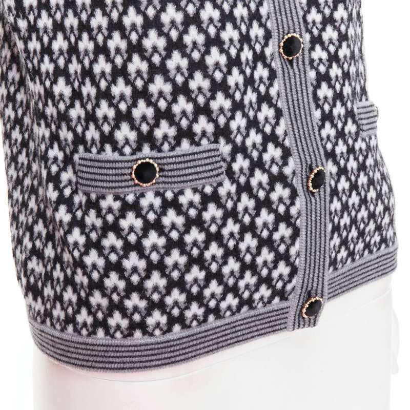 CHANEL black white cashmere velvet buttons crew cardigan FR38 M-7
