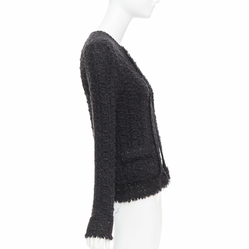 CHANEL 05A black metallic tweed silver CC logo cardigan jacket FR38 M-4